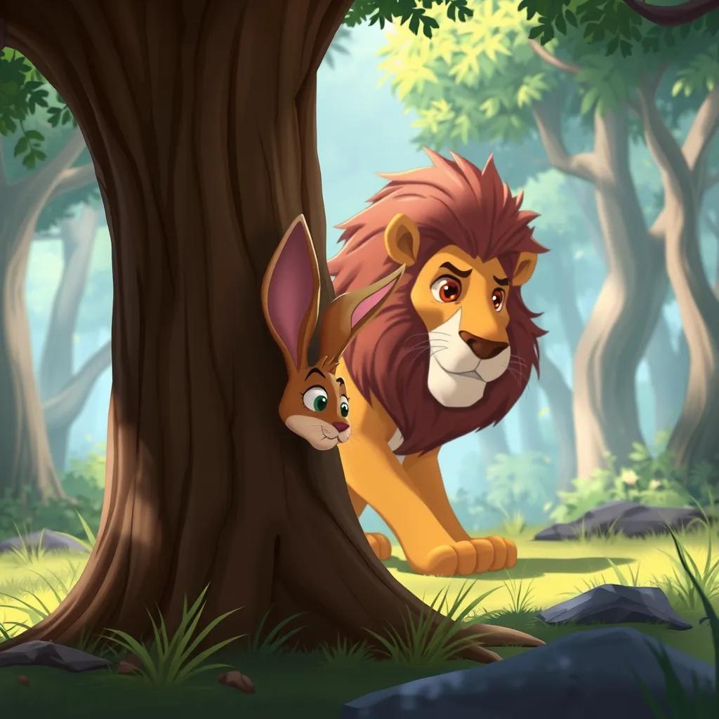 Zari, the small rabbit, hiding behind a big tree, looking scared as Fakhur the lion approaches, a feeling of tension, bright forest background, dynamic composition, child-friendly illustration