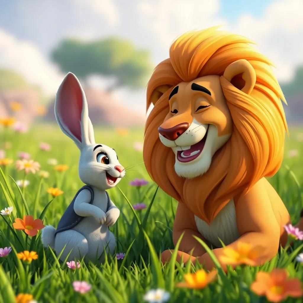 Zari, the small rabbit, talking to Fakhur the lion, smiling and playing together in a sunny meadow, lush grass and colorful flowers, friendly ambiance, vibrant colors, storytelling scene