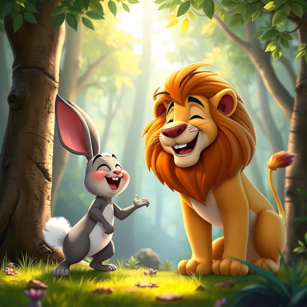 Zari, the small rabbit, and Fakhur the lion laughing and playing in the forest, surrounded by trees and sunlight, bond of friendship, joyful expression, colorful and lively atmosphere