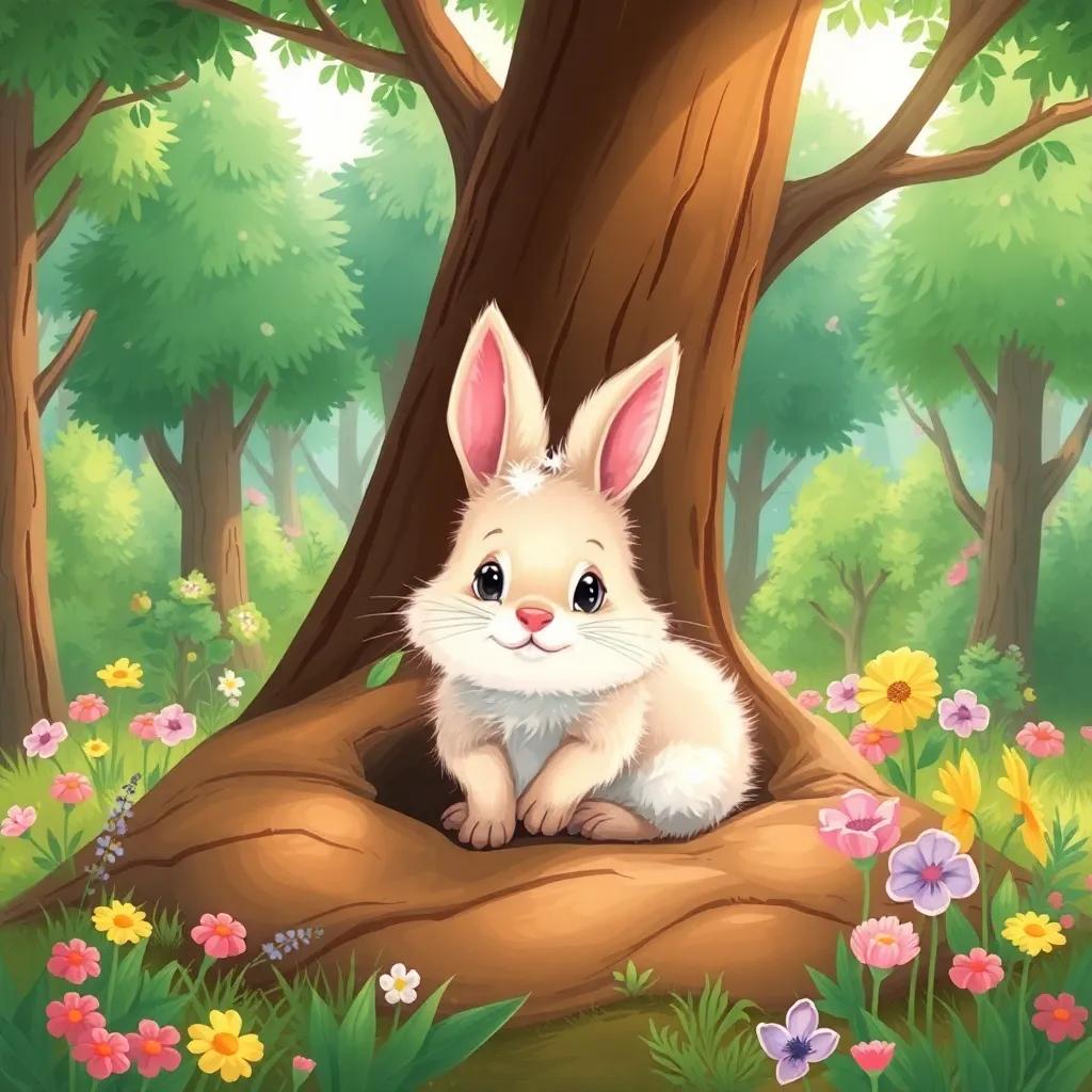 A small rabbit with fluffy fur, living in a green forest filled with trees and flowers, sitting in its cozy burrow under a big tree, cheerful atmosphere, digital art, bright colors, warm sunlight