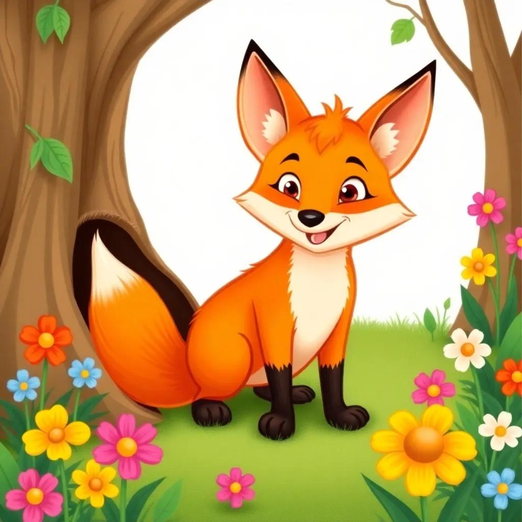 A sly fox with a bright orange coat, approaching the rabbit's burrow with a mischievous smile, surrounded by colorful flowers, friendly yet cunning look, illustration, bright and inviting, cartoon style