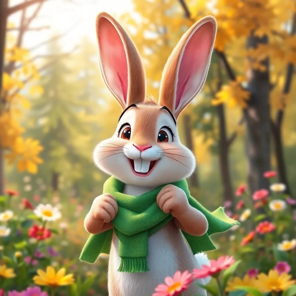 A cheerful rabbit, wearing a bright green scarf, boasting about its speed in a sunny forest, surrounded by trees and flowers, digital art, vibrant colors, playful atmosphere, high quality