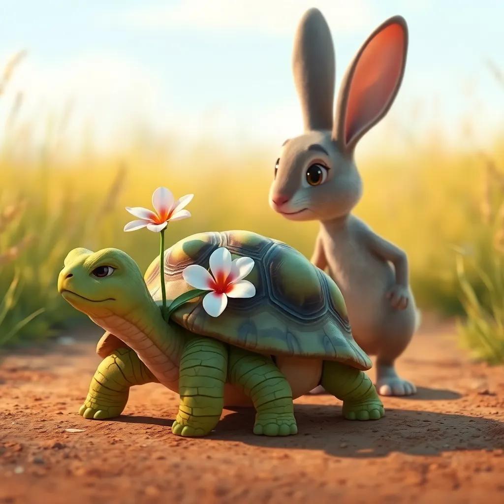 A determined tortoise, with a lovely flower on its shell, preparing for a race against the fast rabbit, standing on a dirt path, illustration, warm light, optimistic setting, child-friendly