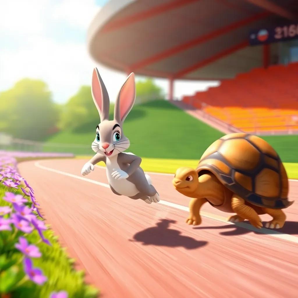 A sunny race day, with the rabbit racing past the tortoise, showcasing its speed, purple flowers blooming along the sides of the track, cheerful colors, motion blur effect, vibrant