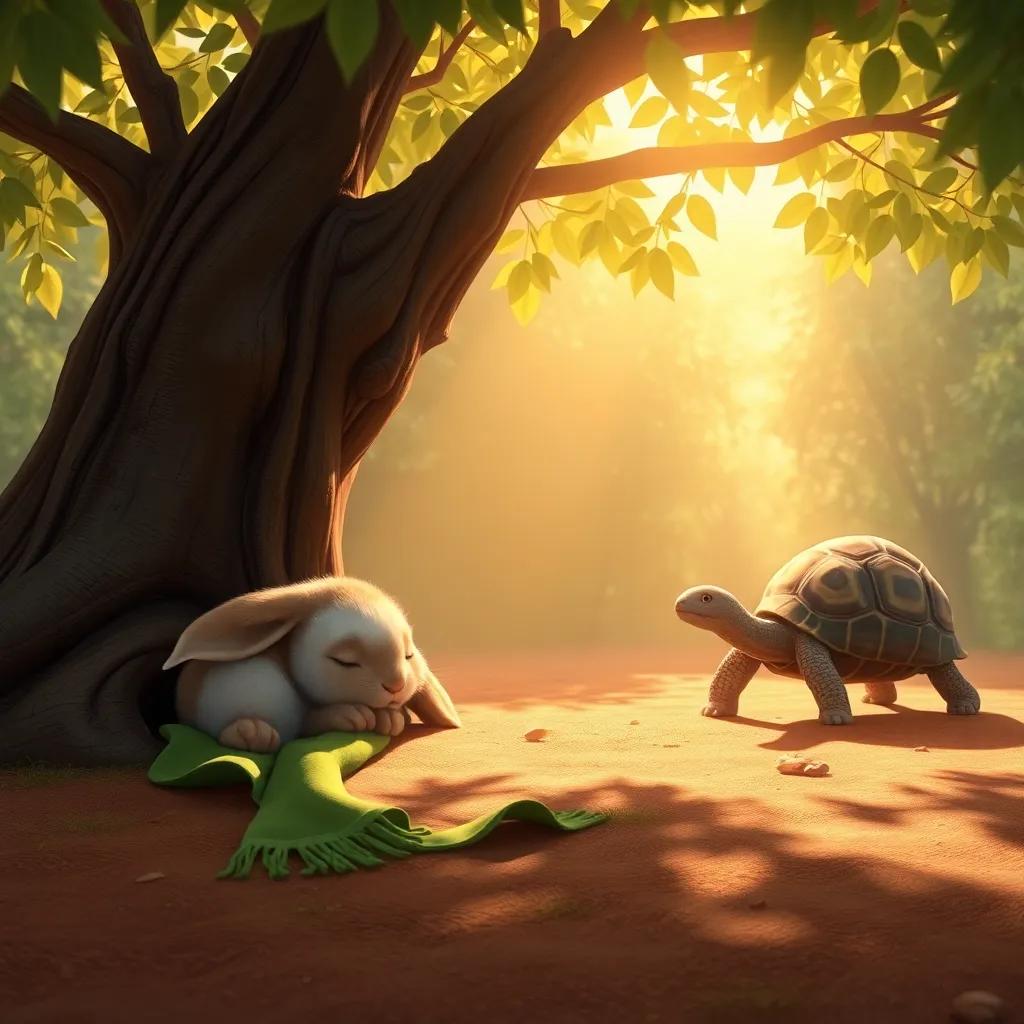 A sleeping rabbit resting under a shady tree, with his green scarf lying beside him, while the tortoise continues moving forward, warm sunlight filtering through leaves, peaceful scene, high quality