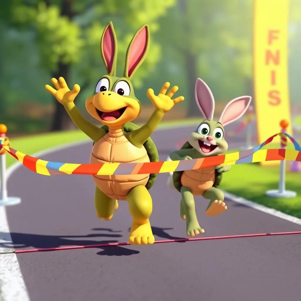 The determined tortoise crossing the finish line with joy, while the surprised rabbit runs quickly behind, colorful ribbon marking the finish, celebration atmosphere, bright colors, child-friendly