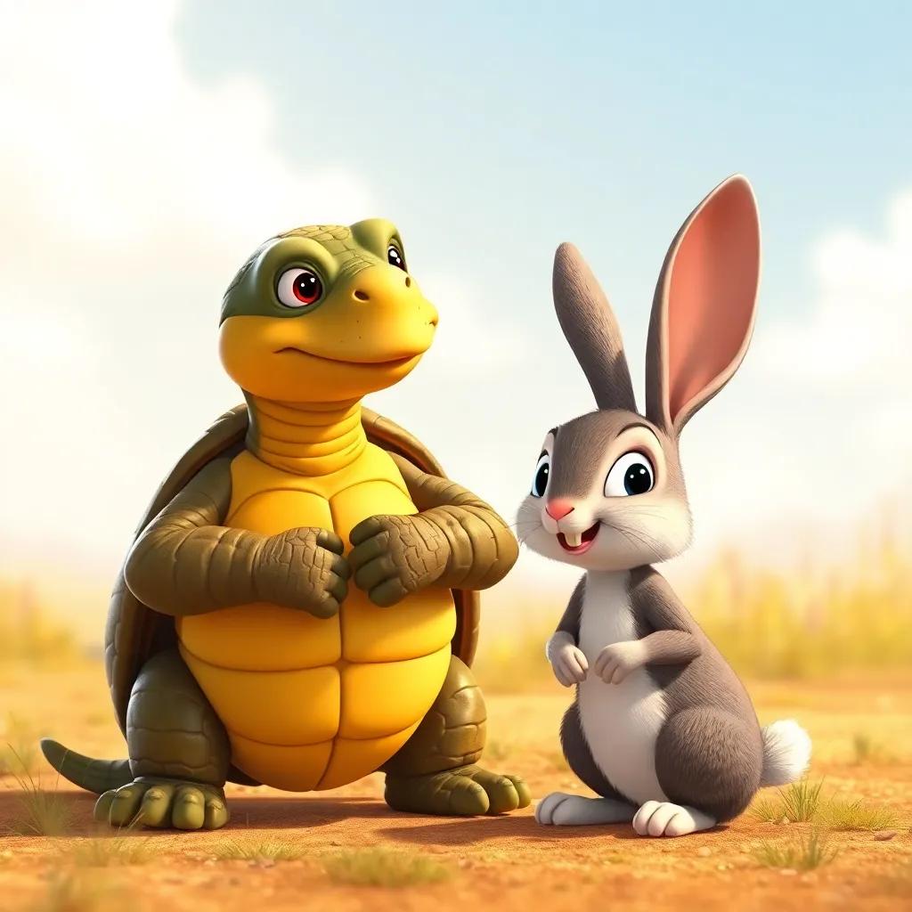 The tortoise looking proudly at the rabbit who learned a lesson about perseverance, both smiling with a sunny background, warm scene, friendship concept, detailed
