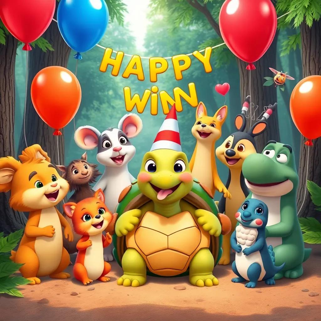 A cheerful group of forest animals gathered to celebrate the tortoise’s win, balloons and decorations around them, festive atmosphere, bright colors, child-friendly