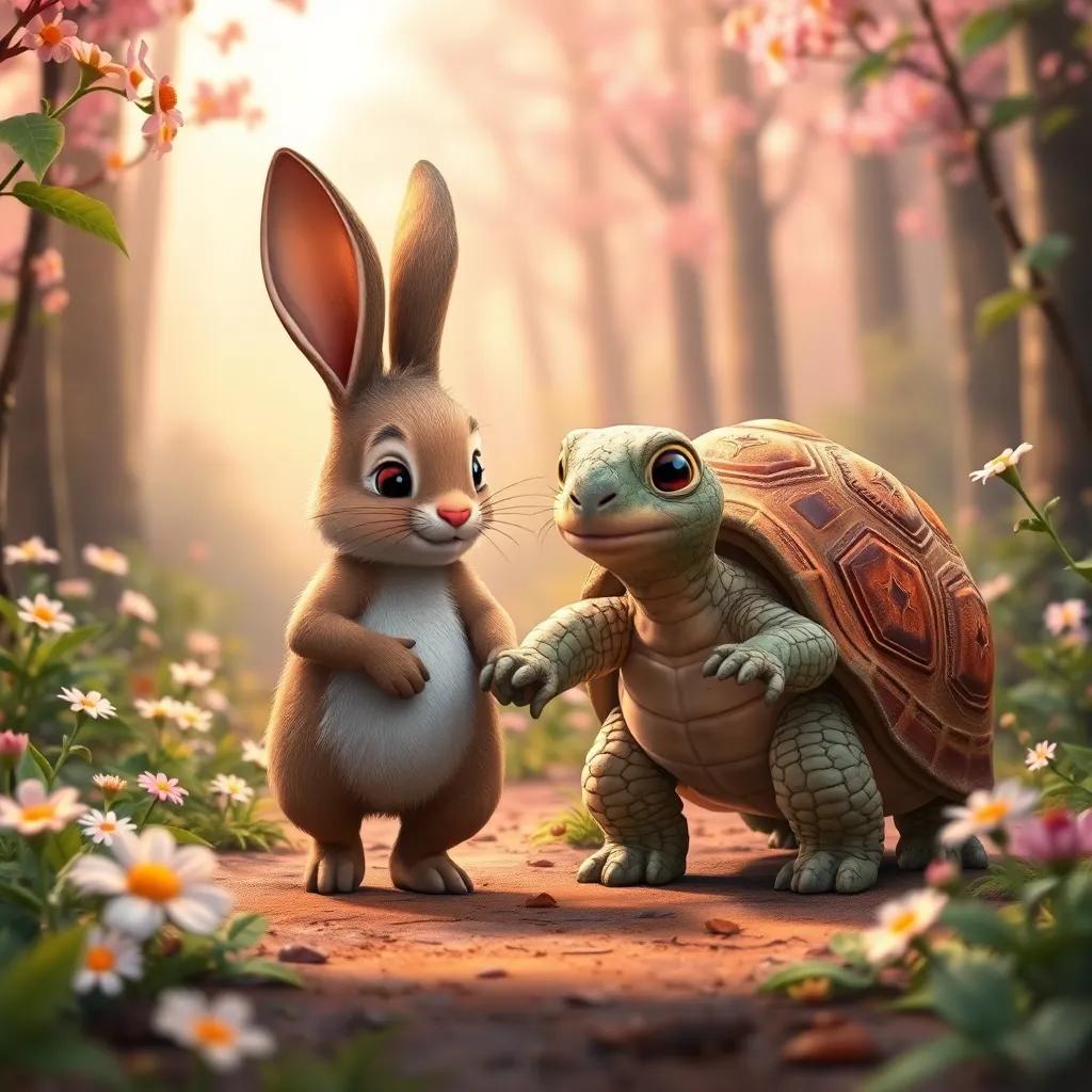 The rabbit and tortoise becoming friends, walking together in the forest, flowers blooming around them, harmonious atmosphere, warm tones, heartwarming