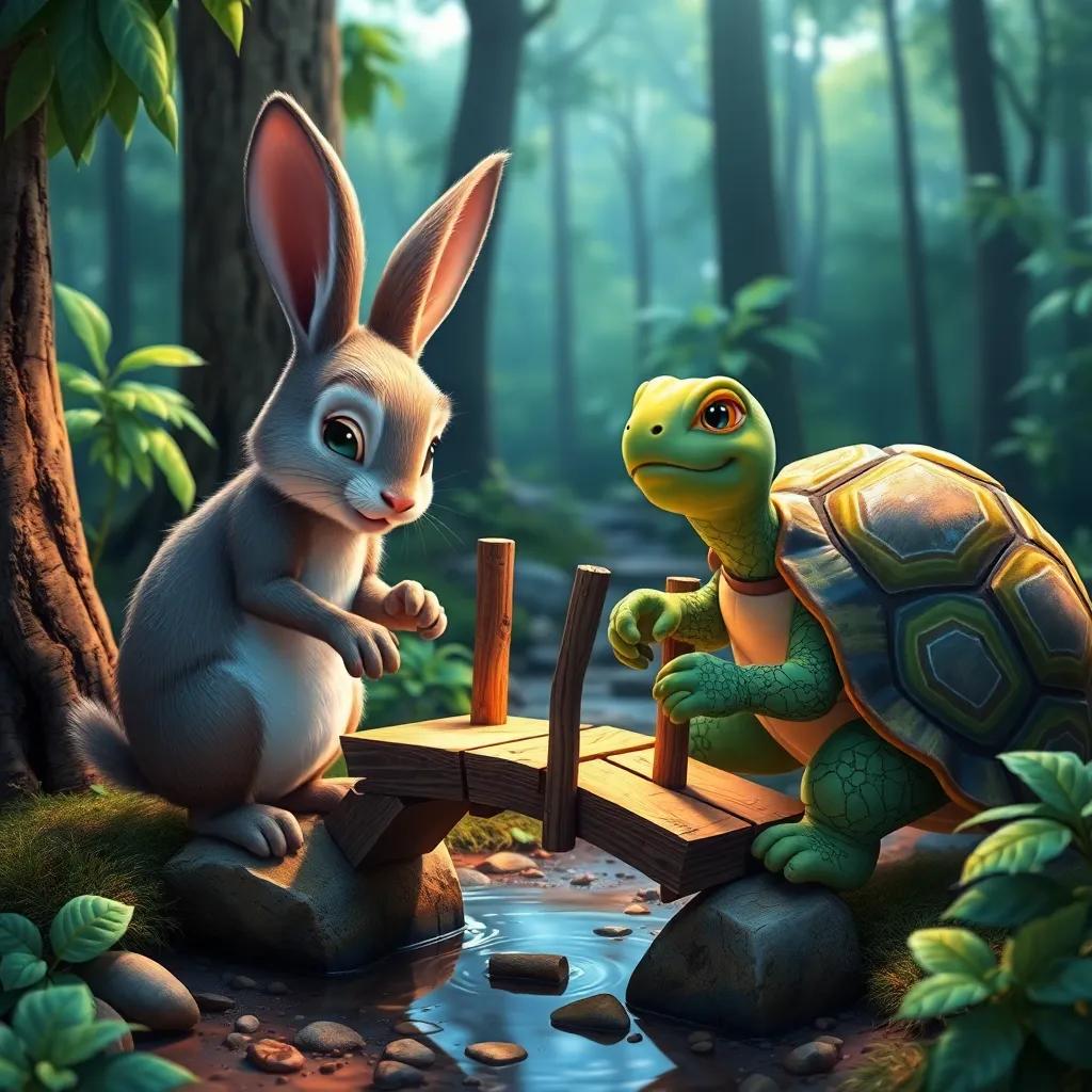 The rabbit and tortoise working together on a project, building a small wooden bridge in the forest, teamwork and cooperation theme, vibrant colors, inviting scene, detailed