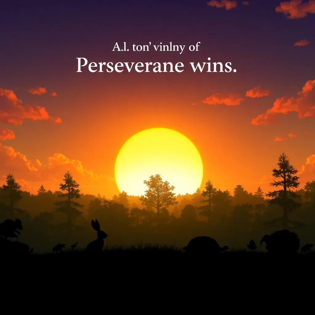 A beautiful sunset over the forest, symbolizing the moral of the story that perseverance wins, with silhouettes of the rabbit and tortoise, inspirational atmosphere, high quality
