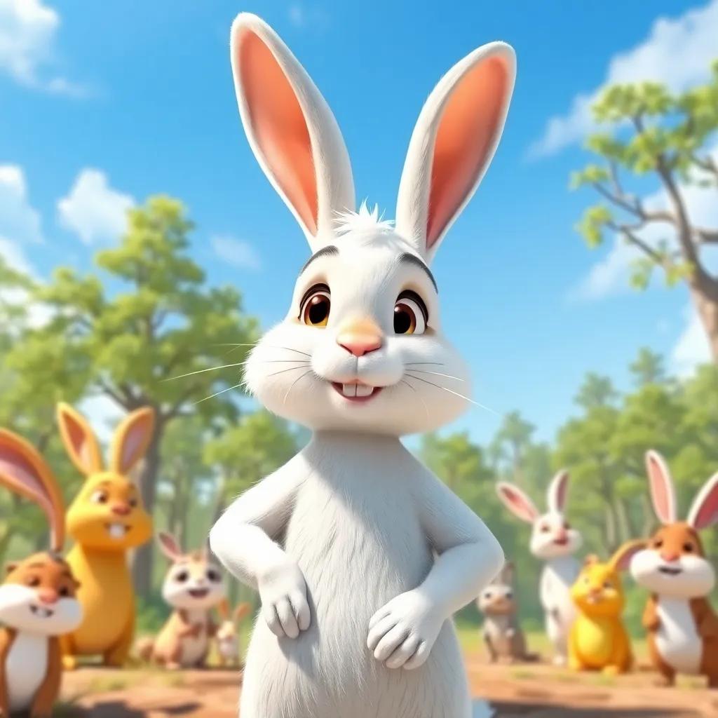 A proud rabbit, Rami, with soft white fur and big ears, boasting about his speed under a sunny sky, surrounded by woods and other curious animals, bright colors, cheerful atmosphere
