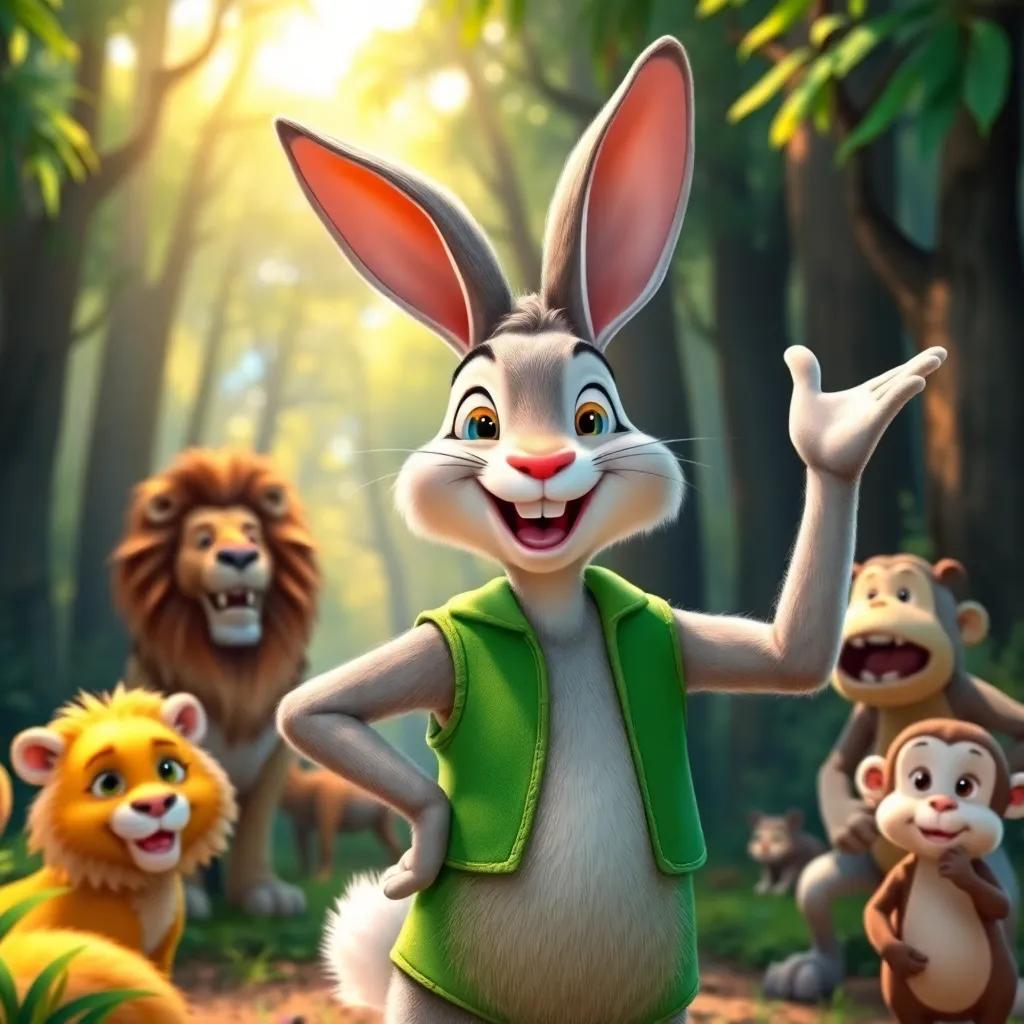 A proud rabbit, wearing a bright green vest, boasting in the forest with a big smile, surrounded by animals like a lion and a monkey, vibrant colors, warm sunlight filtering through the trees, cheerful atmosphere, illustration, child-friendly, high quality