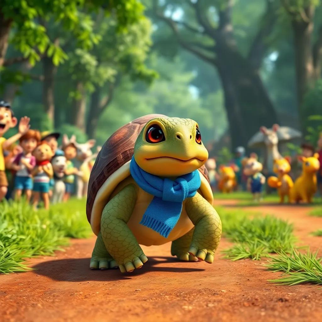 A determined tortoise, wearing a tiny blue scarf, slowly walking towards the starting line, with the excited crowd of animals in the background, lush green forest scenery, bright colors, engaging perspective, playful mood, illustration, child-friendly, high quality