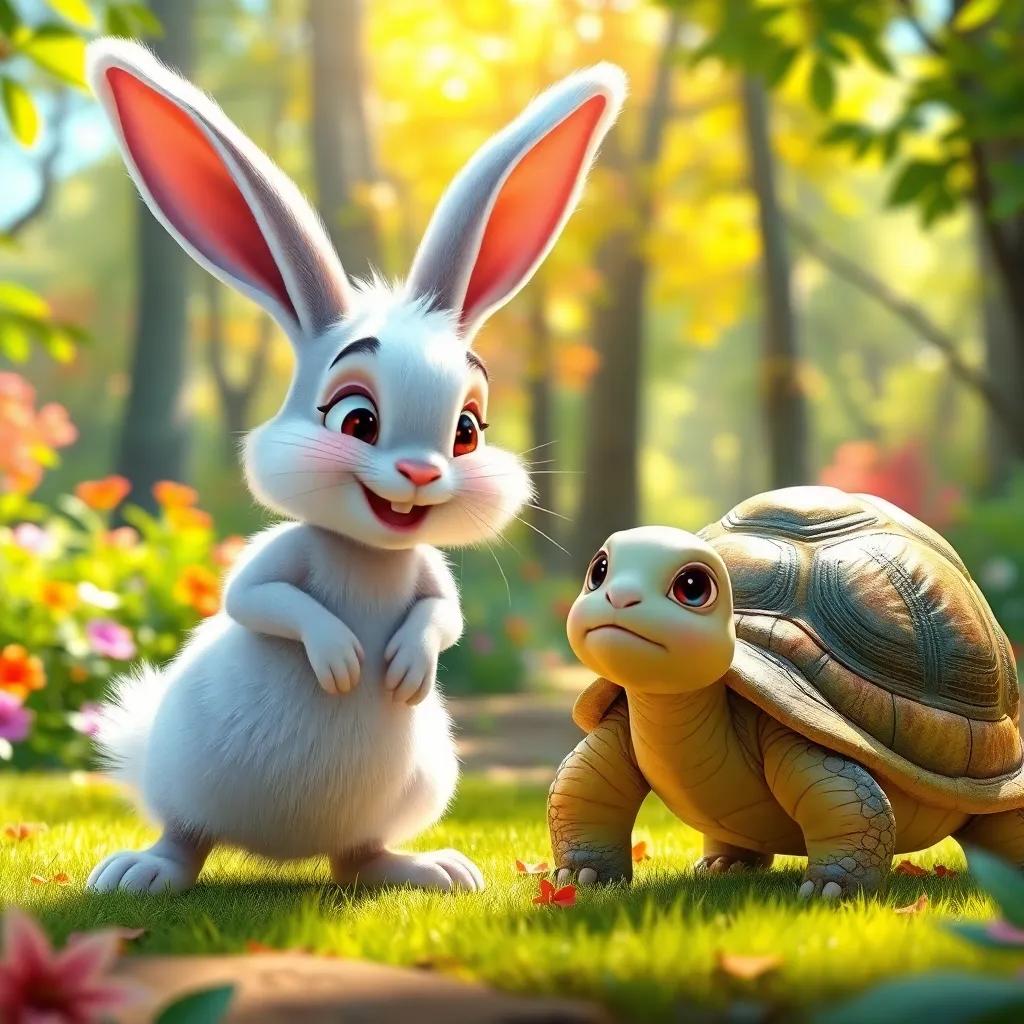 A proud rabbit, fast and lazy, with fluffy white fur and big ears, boasting about his speed to a slow tortoise, with a green shell and gentle face, in a colorful forest, bright sunlight, cheerful atmosphere, vivid colors, playful scene