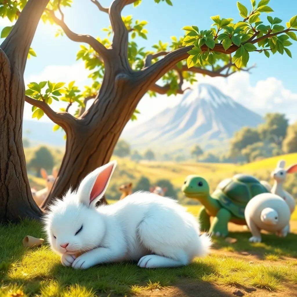 A fluffy white rabbit, sleeping happily under a tree while a green tortoise walks steadily toward a mountain in the background, surrounded by cheering animals, bright sunlight, vibrant colors, heartwarming scene