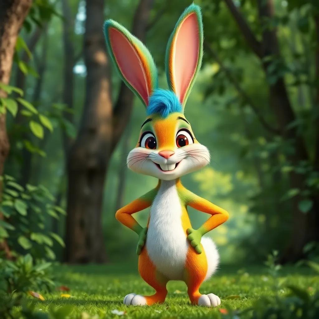 A colorful rabbit named Rabi, with bright fur and a cheerful expression, confidently standing in a lush green forest, smiling and boasting about his speed, digital art, vibrant colors, lively atmosphere, high quality