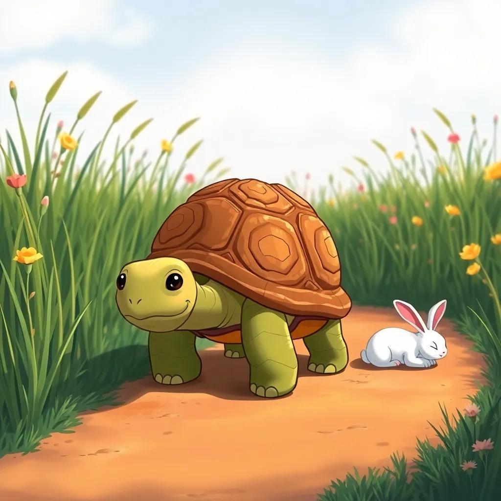 A wise tortoise named Soso, with a gentle face and a slow but determined demeanor, slowly moving along a dirt path, leaving behind the sleeping rabbit, surrounded by tall grass and flowers, illustration, warm colors, cheerful environment, high quality