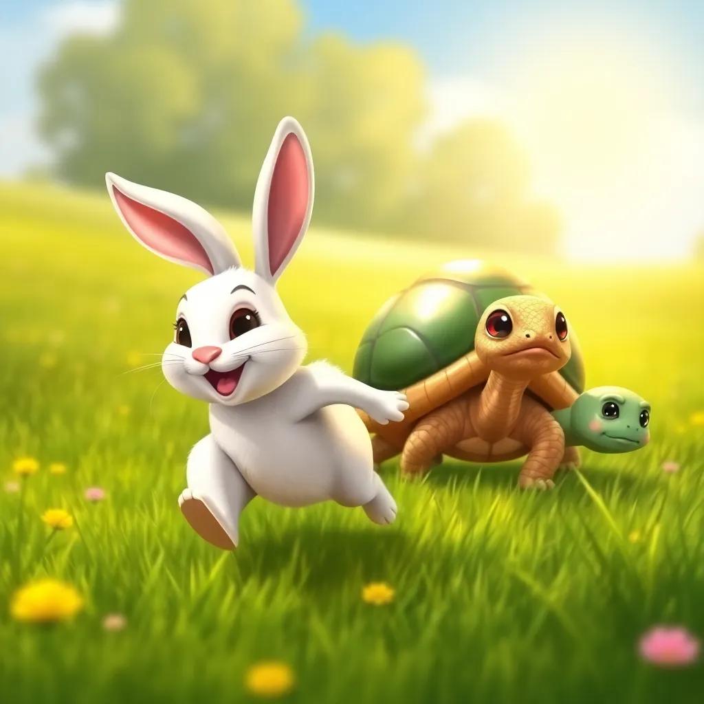 A cheerful rabbit with soft white fur, racing alongside a determined tortoise with a shiny green shell, in a vibrant green meadow under a bright sun, illustration, colorful, joyful atmosphere, high quality