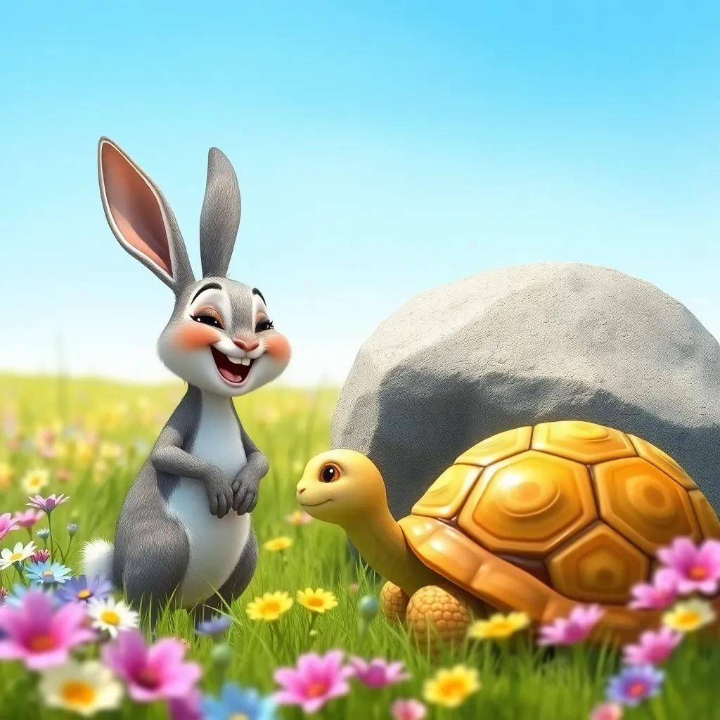 The rabbit laughing at the tortoise, standing next to a big rock in the meadow, surrounded by flowers, with a clear blue sky above, cheerful, engaging