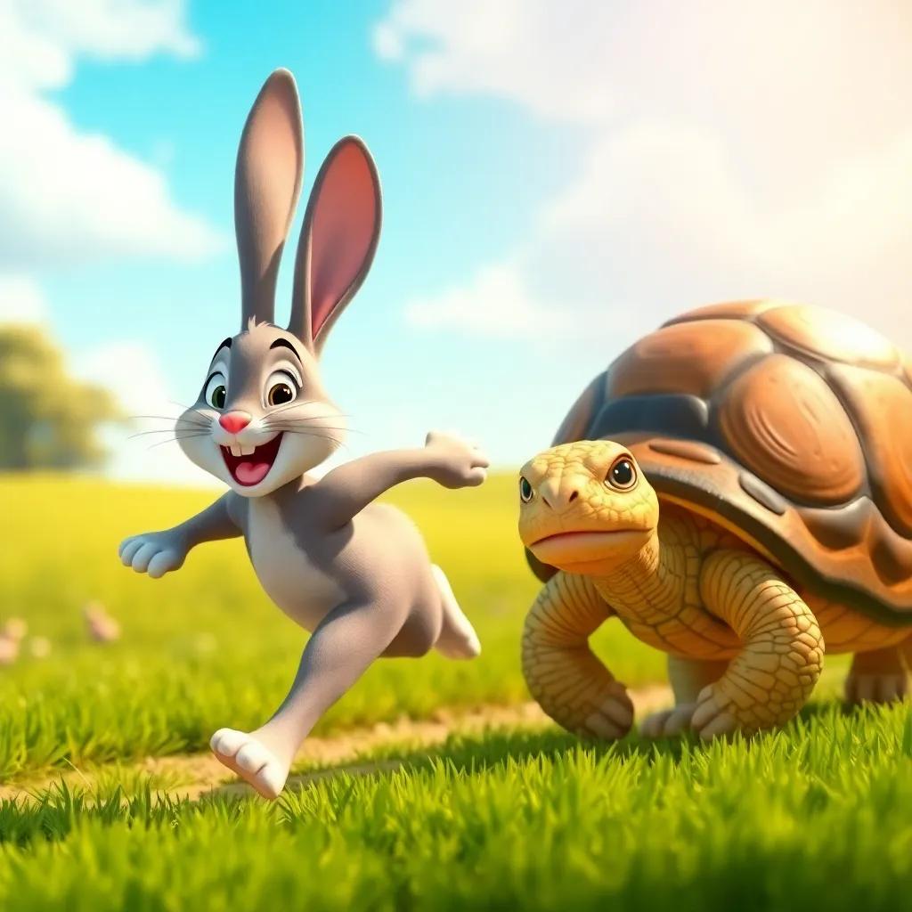 The rabbit running swiftly, a big smile on its face, while the tortoise moves steadily, showcasing determination and hope, in a sunny landscape, lively colors, vibrant