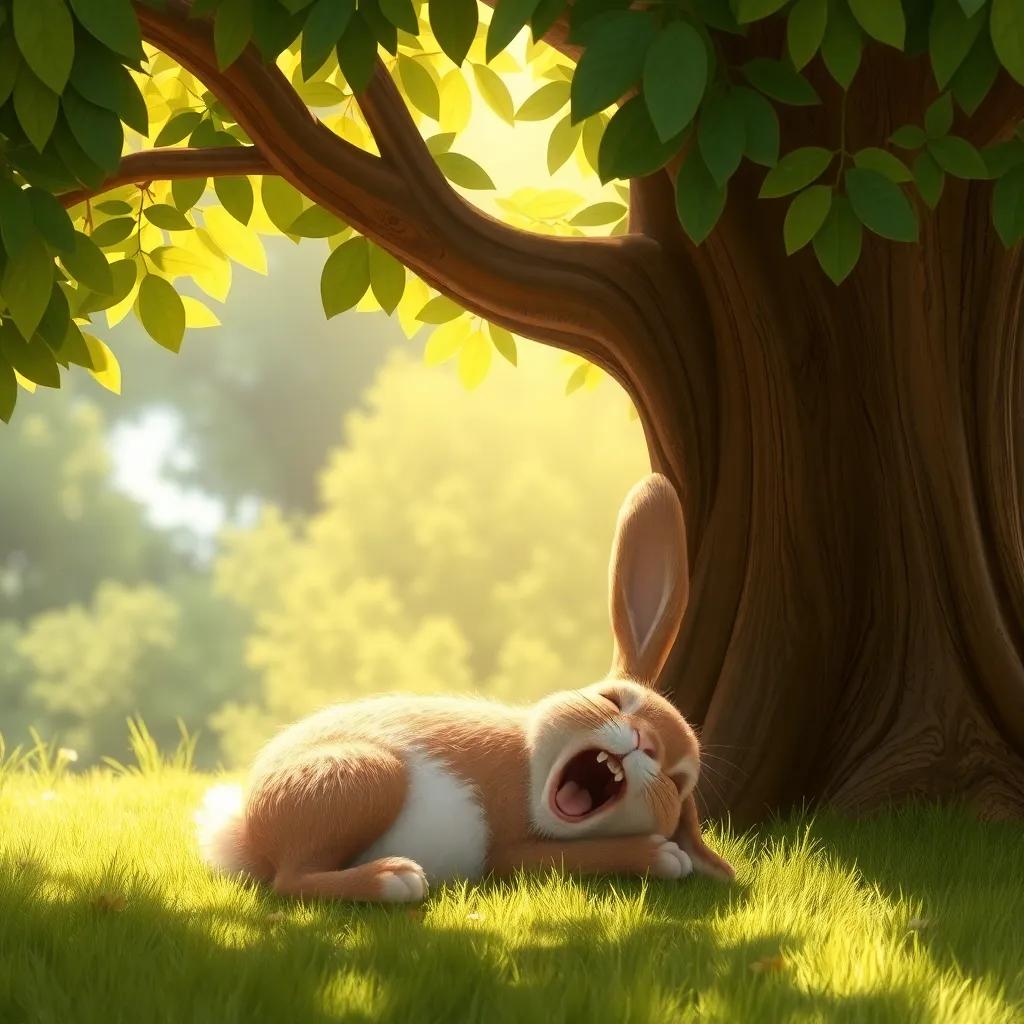The rabbit resting under a big shade tree, yawning and enjoying a nap, with sunlight filtering through the leaves, creating a peaceful atmosphere, digital art, warm and inviting