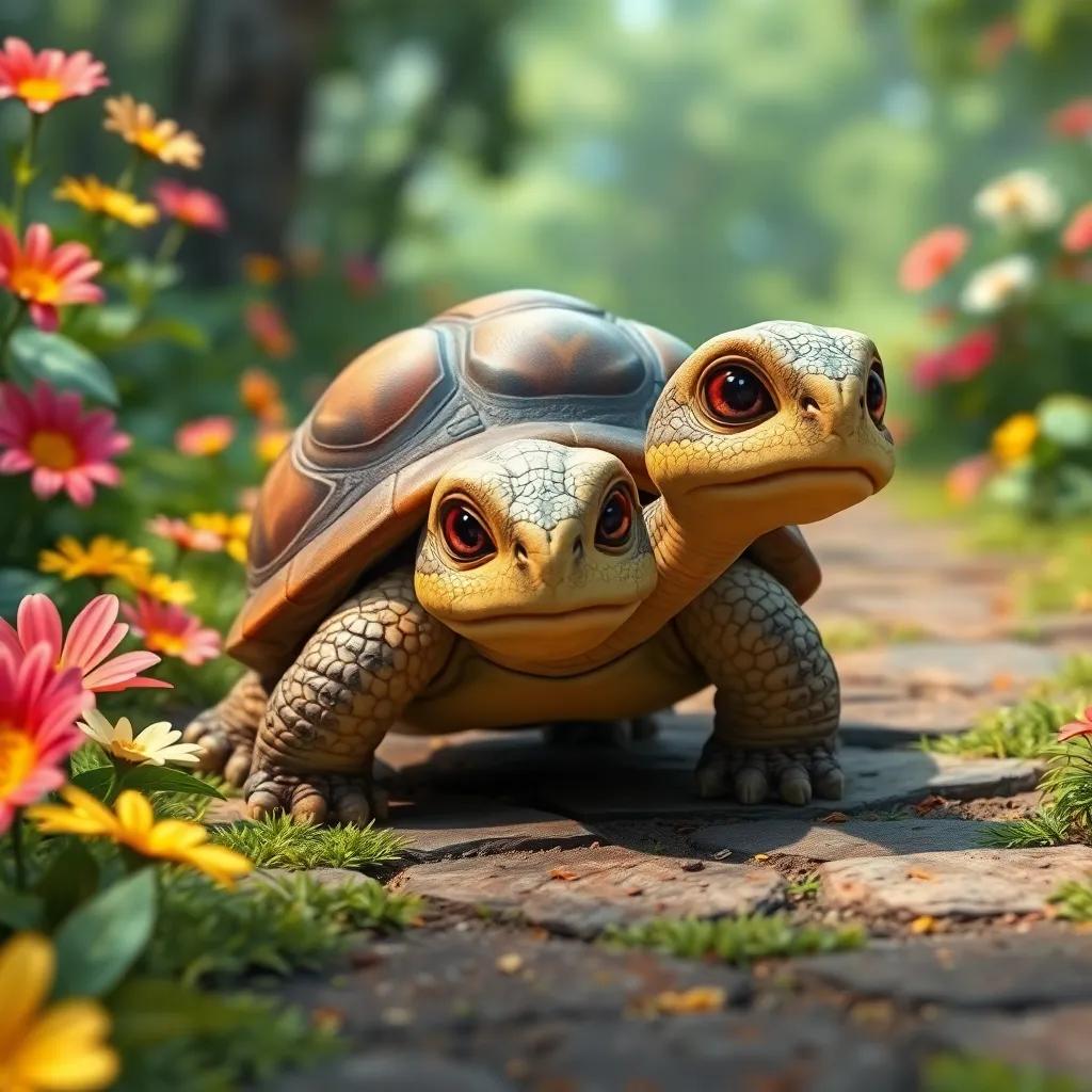 The tortoise progressing slowly but steadily, with determination in its eyes, emphasizing the idea of perseverance, colorful flowers surrounding the path, artistic, bright and encouraging