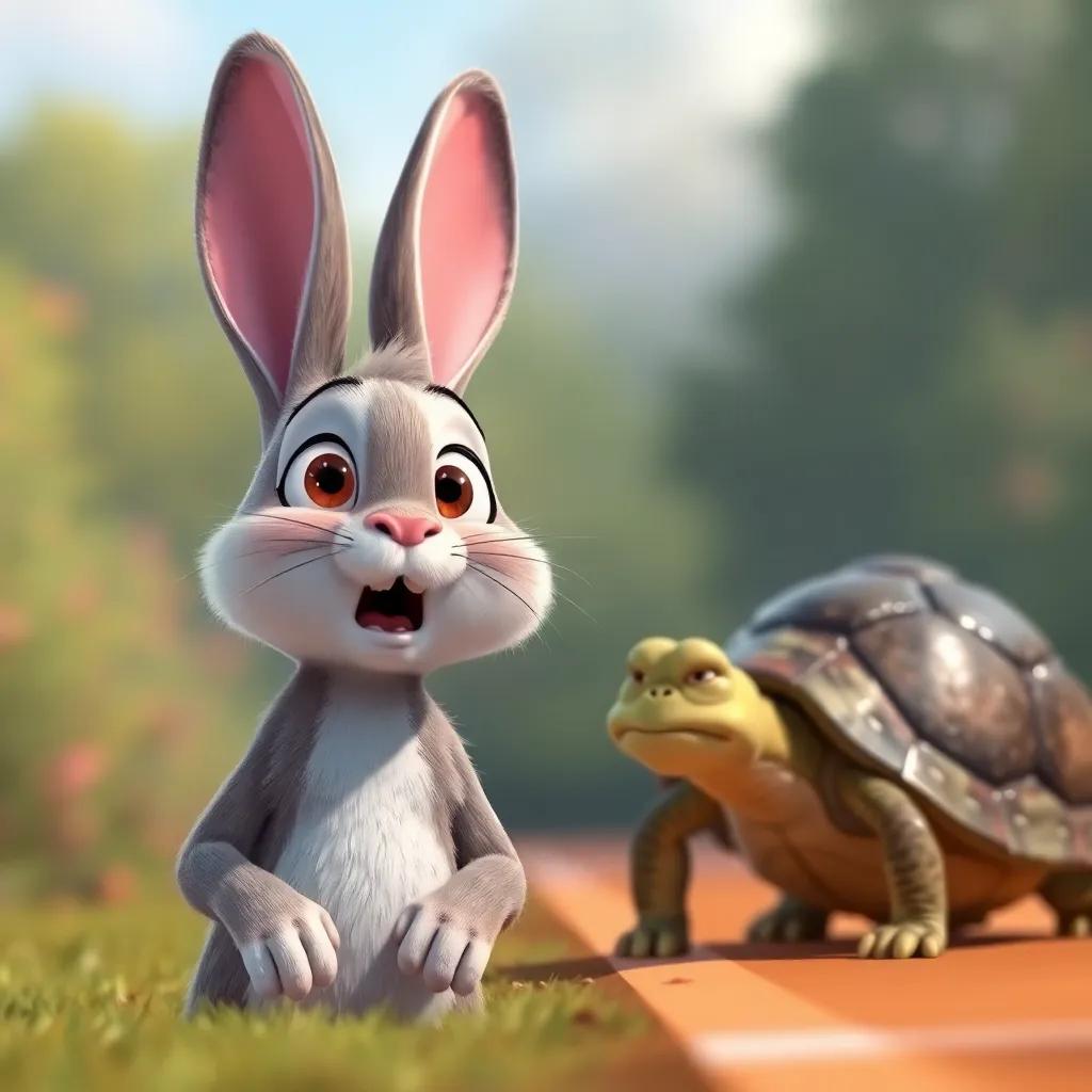 The rabbit awakening with surprised eyes, looking up as the tortoise approaches the finish line, showcasing expression and excitement, vibrant colors, engaging scene, storytelling
