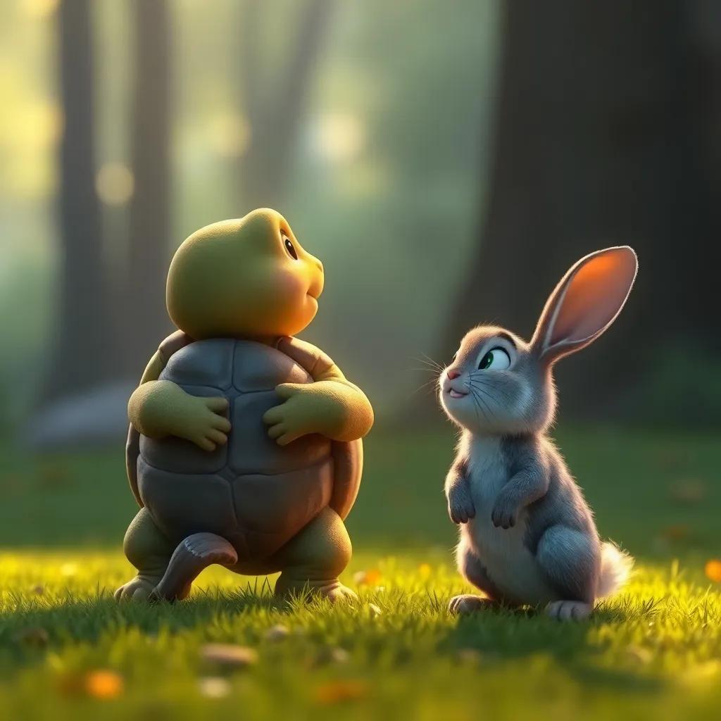 The tortoise looking back at the rabbit, sharing a moment of encouragement, while both characters are smiling despite the situation, warm light, heartwarming imagery