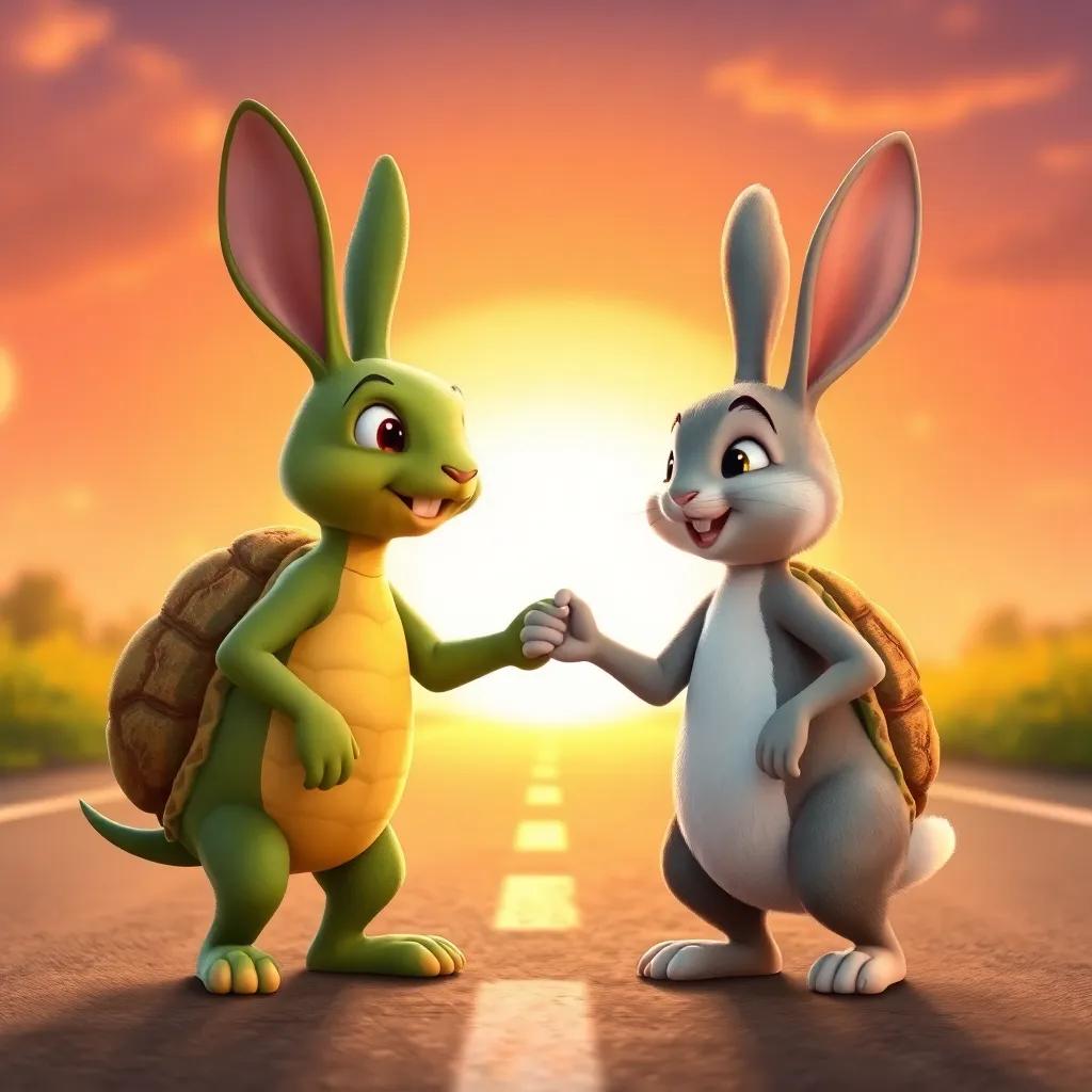 The rabbit and tortoise shaking hands in friendship after the race, with a beautiful sunset behind them, symbolizing learning and growth, digital art, heartwarming