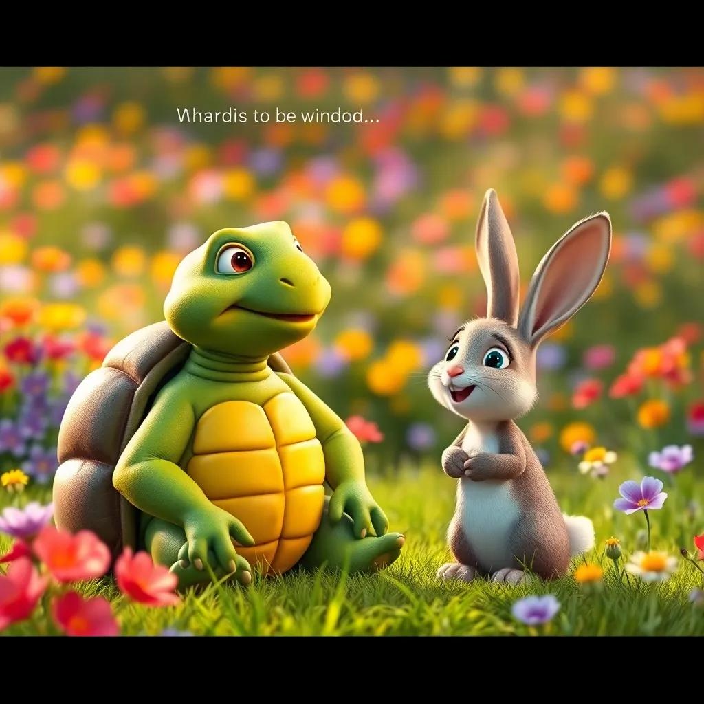 The tortoise speaking words of wisdom to the rabbit, both characters looking happy, with a colorful meadow as their backdrop, vibrant and colorful, uplifting atmosphere, imaginative