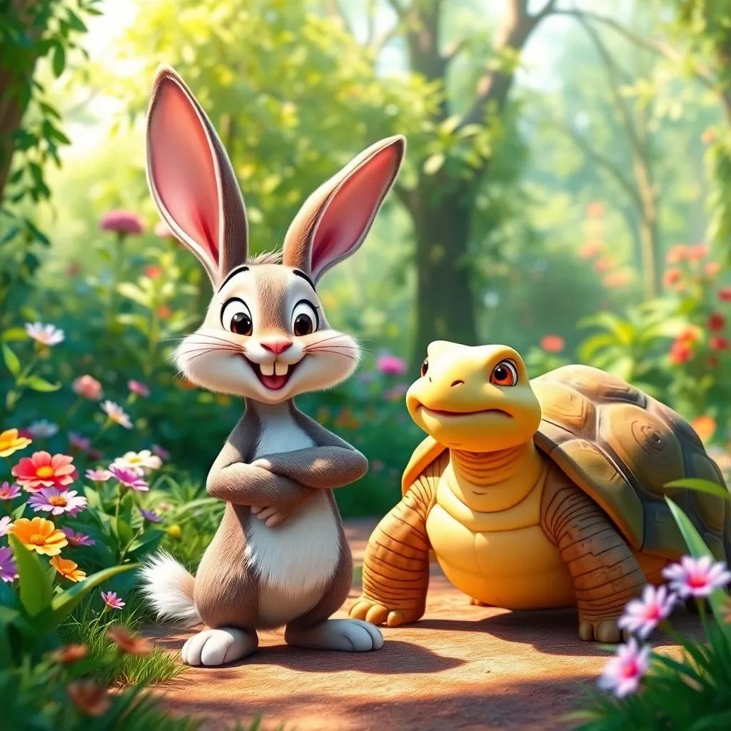 A colorful forest with greenery and flowers, a boastful rabbit, looking lively and confident, standing beside a determined tortoise, smiling, bright sunlight, detailed digital art, inviting atmosphere, vibrant colors, cheerful mood