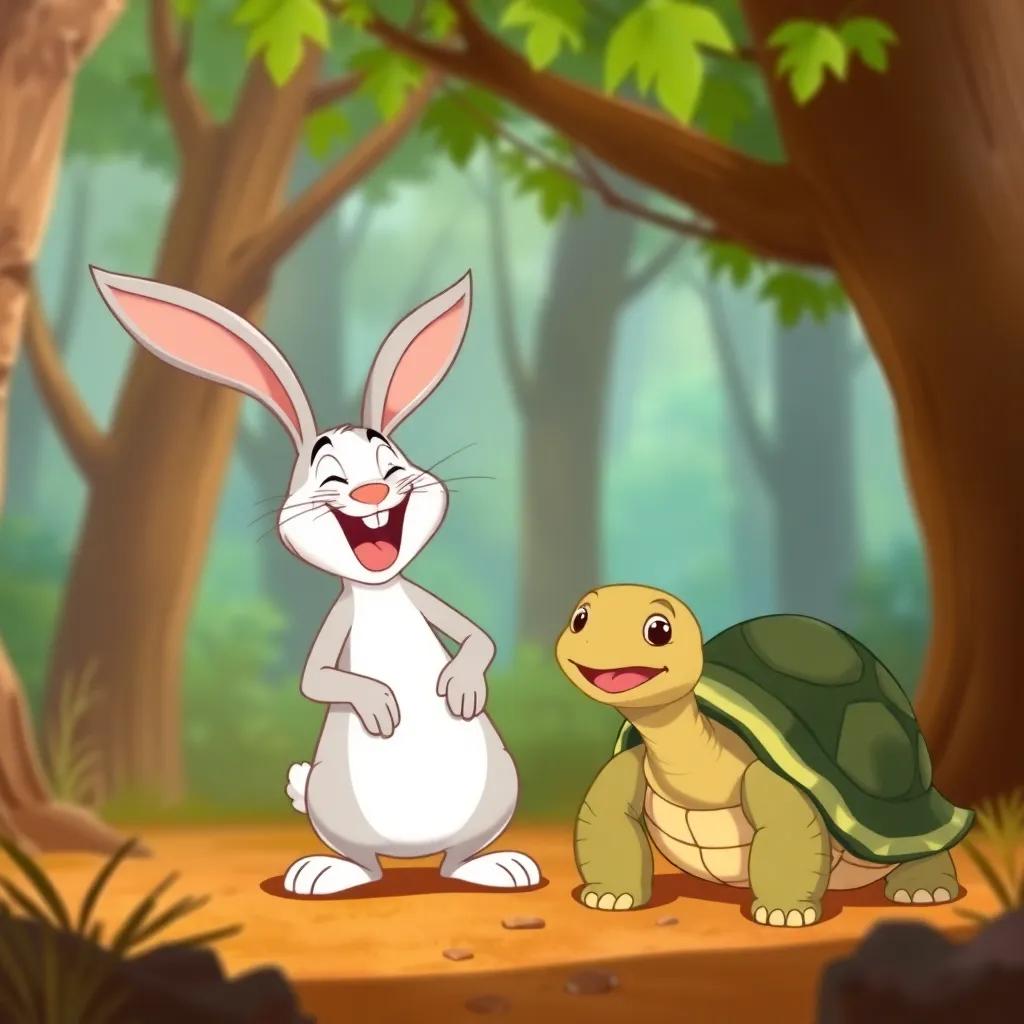 The boastful rabbit laughing heartily while the tortoise smiles calmly in a serene part of the forest, illustration, friendly, engaging, warm colors, child-friendly, adventure-themed
