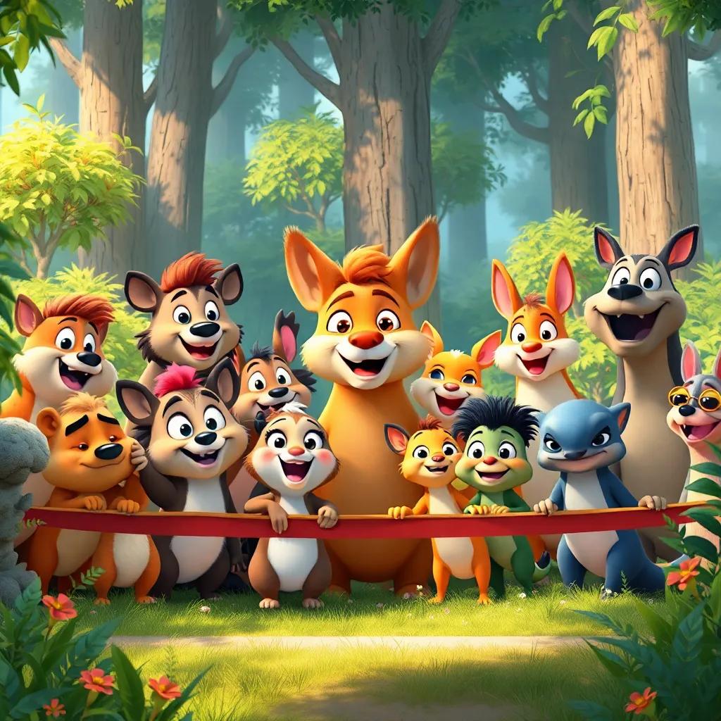 All the forest animals gathered around a starting line, excited and curious faces, vibrant foliage, colorful characters, digital painting, lively, uplifting