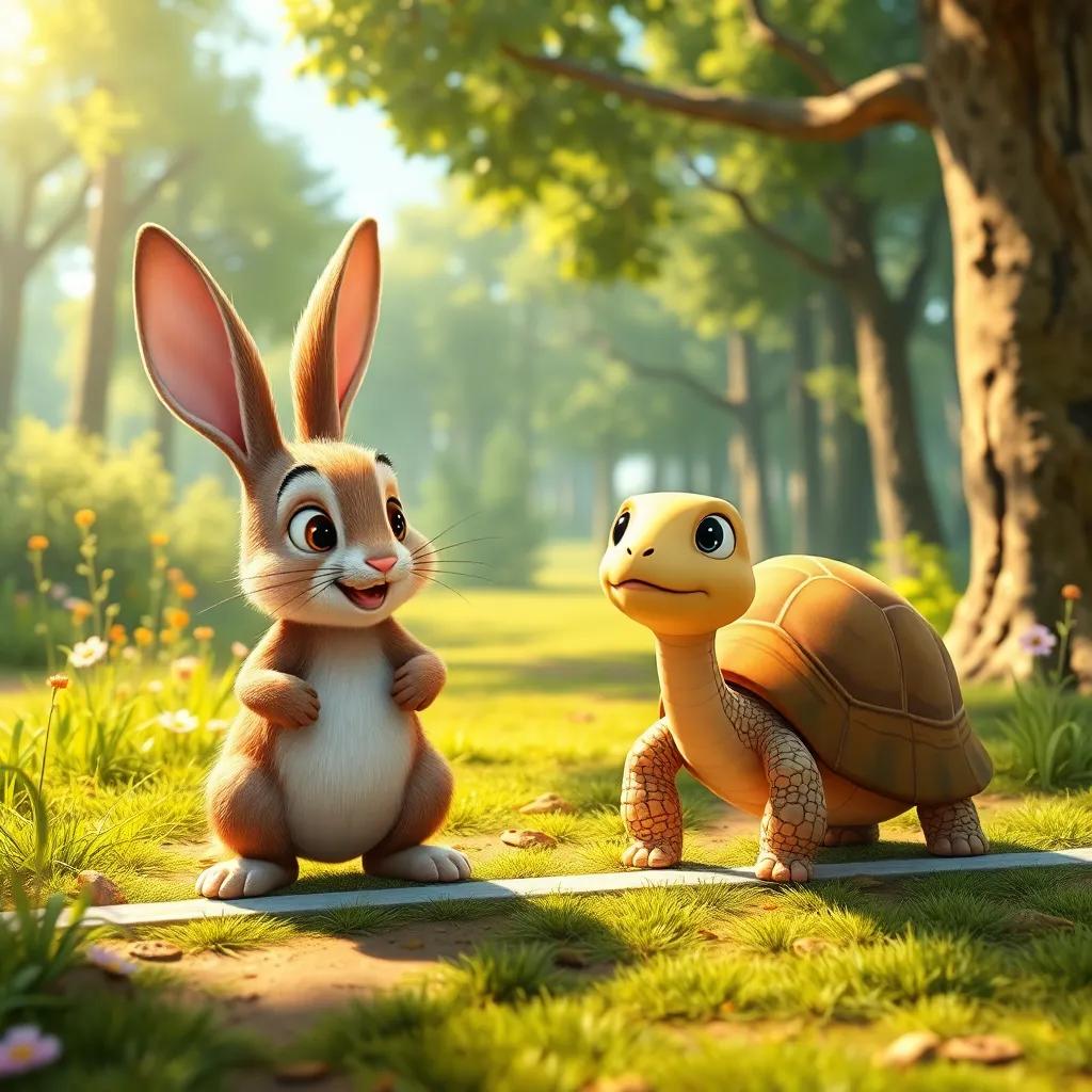 A sunny morning in the forest, the rabbit and tortoise at the starting line, anticipation in the air, bright colors, detailed artwork, cheerful ambience, high quality