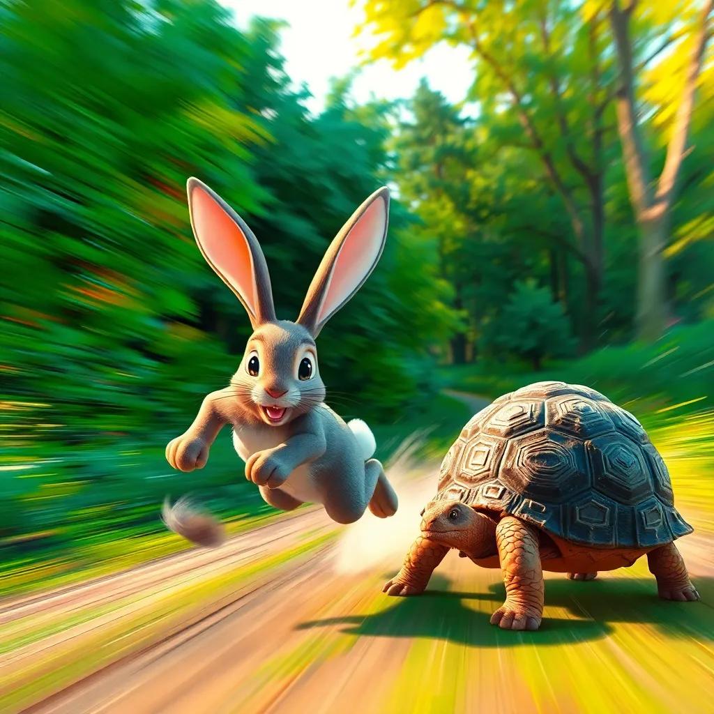 The rabbit racing forward with great speed, the tortoise slow and steady, contrasting movement in vibrant colors, dynamic scenery, engaging illustration, immersive