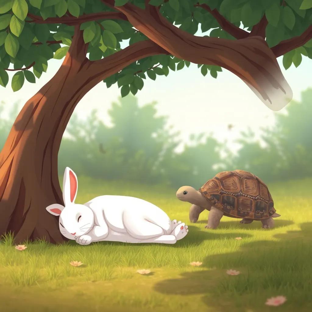 The rabbit taking a nap under a tree, relaxed and carefree, while the tortoise continues slowly in the background, peaceful setting, digital art, calm and cheerful colors, inviting atmosphere