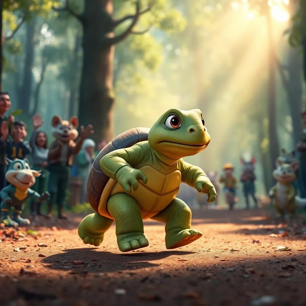 The tortoise walking slowly but confidently toward the finish line, determined expression, forest animals cheering in the background, wonderful light, enhancing the happiness in the nature, dynamic scene