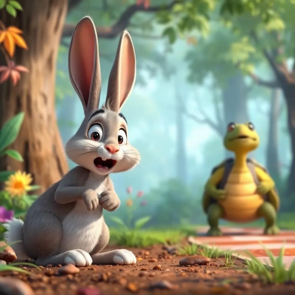 The rabbit waking up suddenly, eyes wide with shock, as he sees the tortoise approaching the finish line, colorful and lively forest scene, vibrant artwork, lifting atmosphere