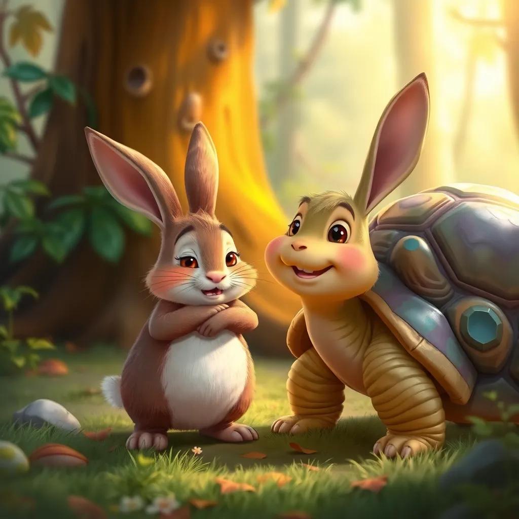 The boastful rabbit looking embarrassed and humbled next to the celebrating tortoise, warm colors, happy forest atmosphere, cheerful digital painting, heartwarming scene