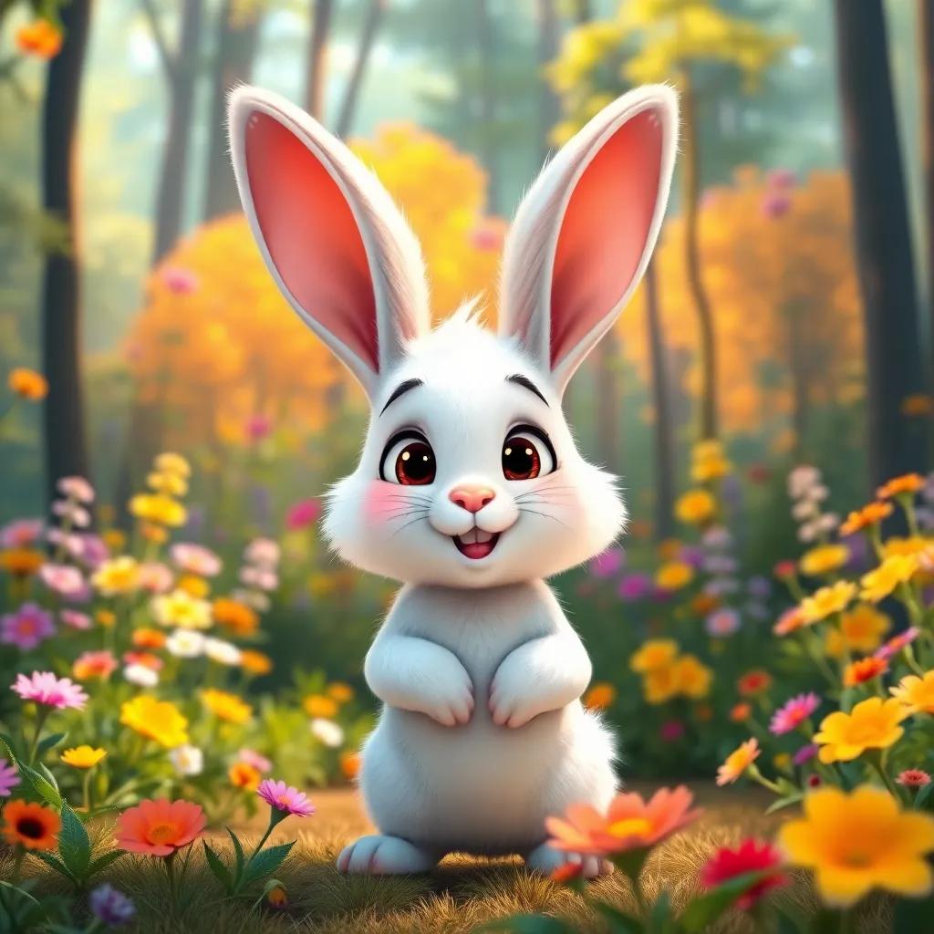 A cute rabbit named Rami, with fluffy white fur and big ears, confidently boasting in a vibrant forest with colorful flowers and tall trees, digital art, cheerful, warm lighting, friendly atmosphere, high quality