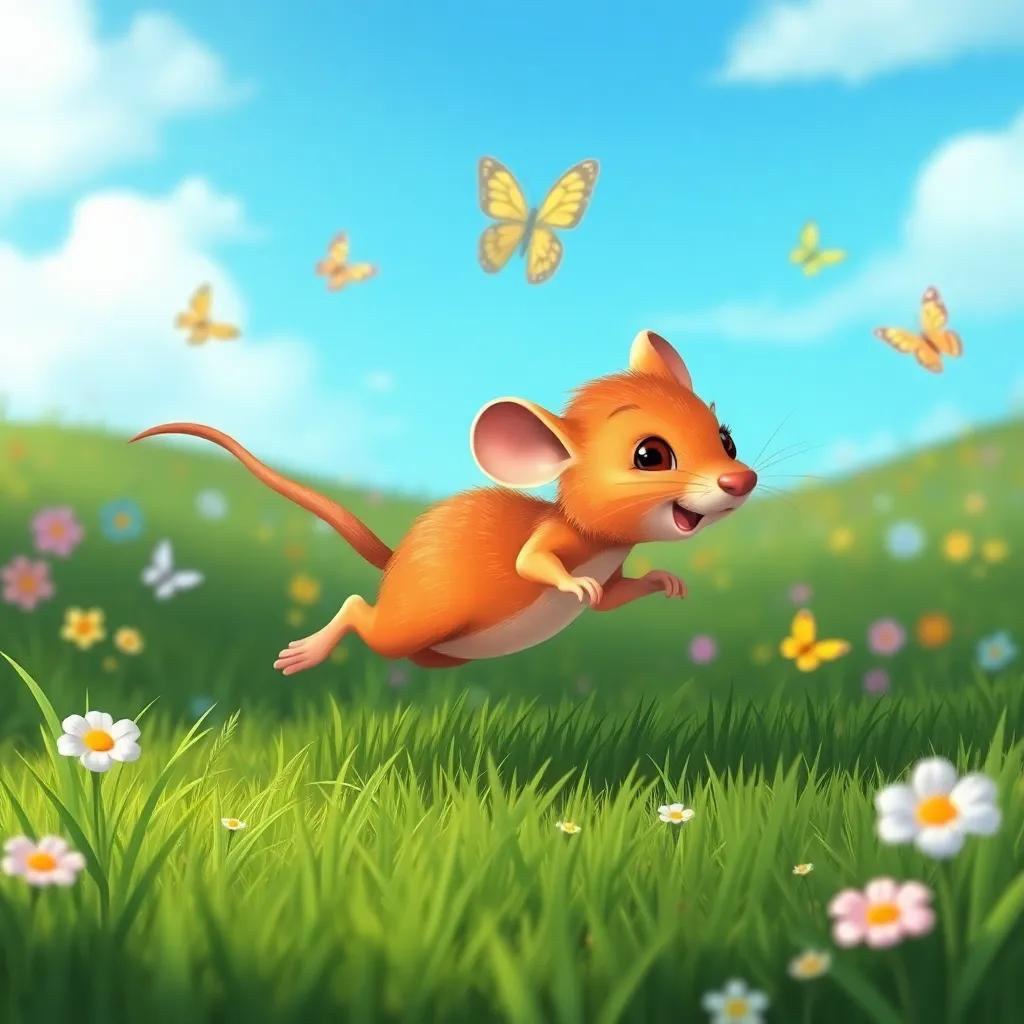 A small brown mouse named Fadi, with tiny eyes and a shiny tail, running swiftly across a green meadow with a bright blue sky, colorful butterflies fluttering around, illustration, lively, adventurous scene, high quality