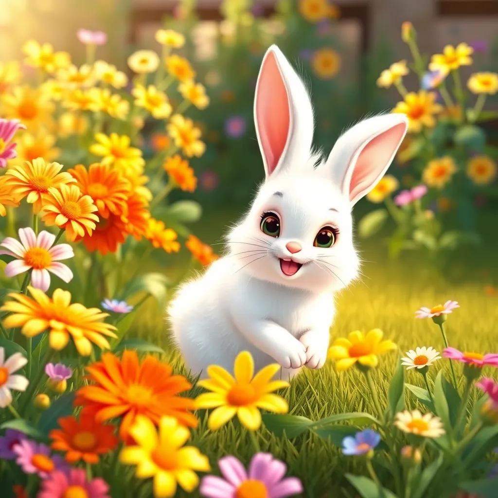 A happy little bunny named Tutu with fluffy white fur and big ears, playing among colorful flowers in a sunny garden, digital art, bright colors, cheerful atmosphere, high quality