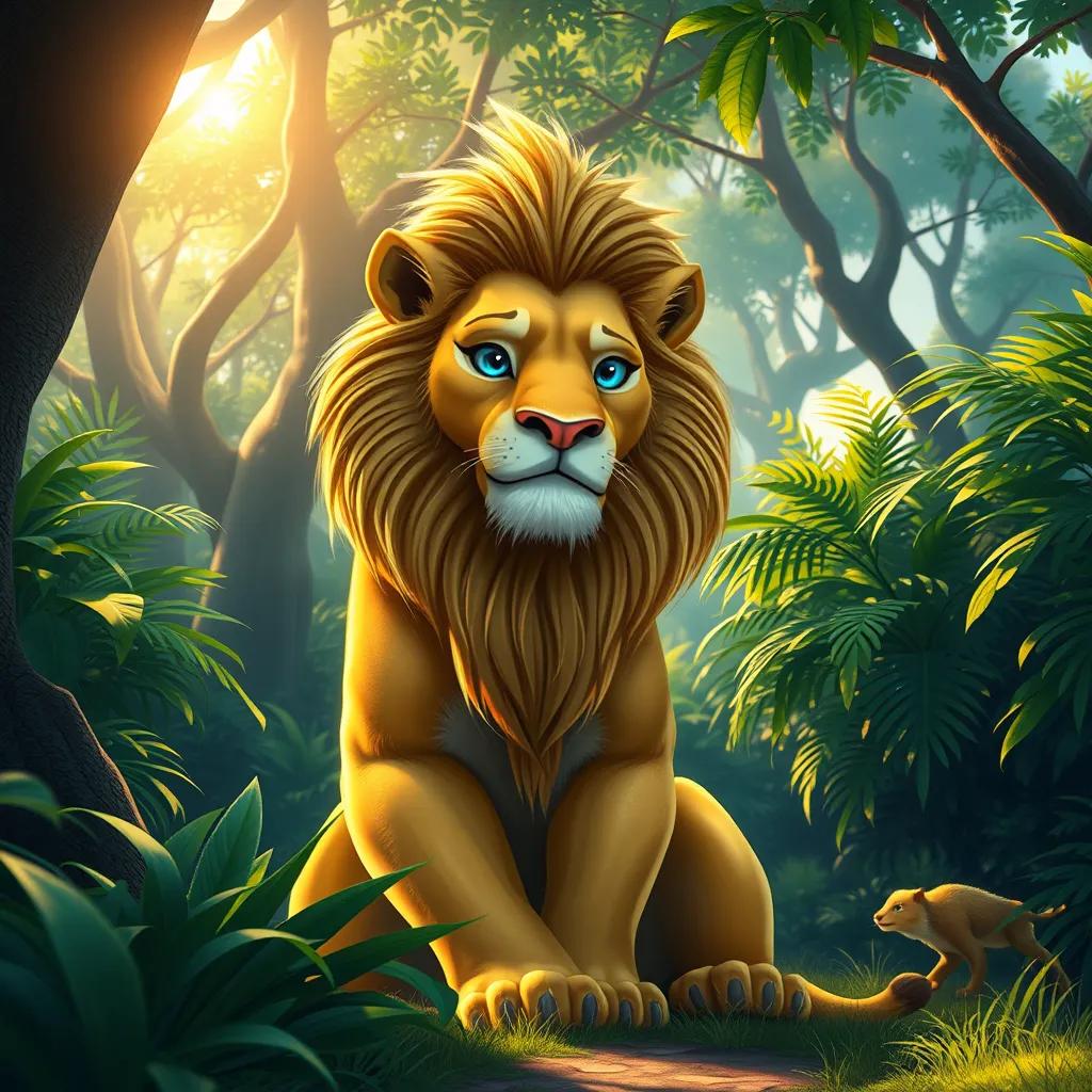 A strong lion with shiny golden fur and blue eyes sitting majestically in a big green jungle, digital art, vibrant colors, warm sunlight filtering through trees, high quality