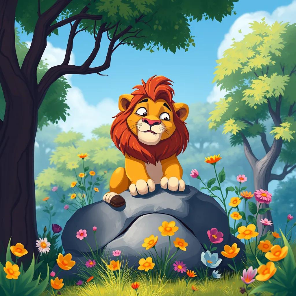 A lion looking a bit lonely, sitting on a rock, surrounded by trees and colorful flowers, digital illustration, bright colors, inviting atmosphere, high quality