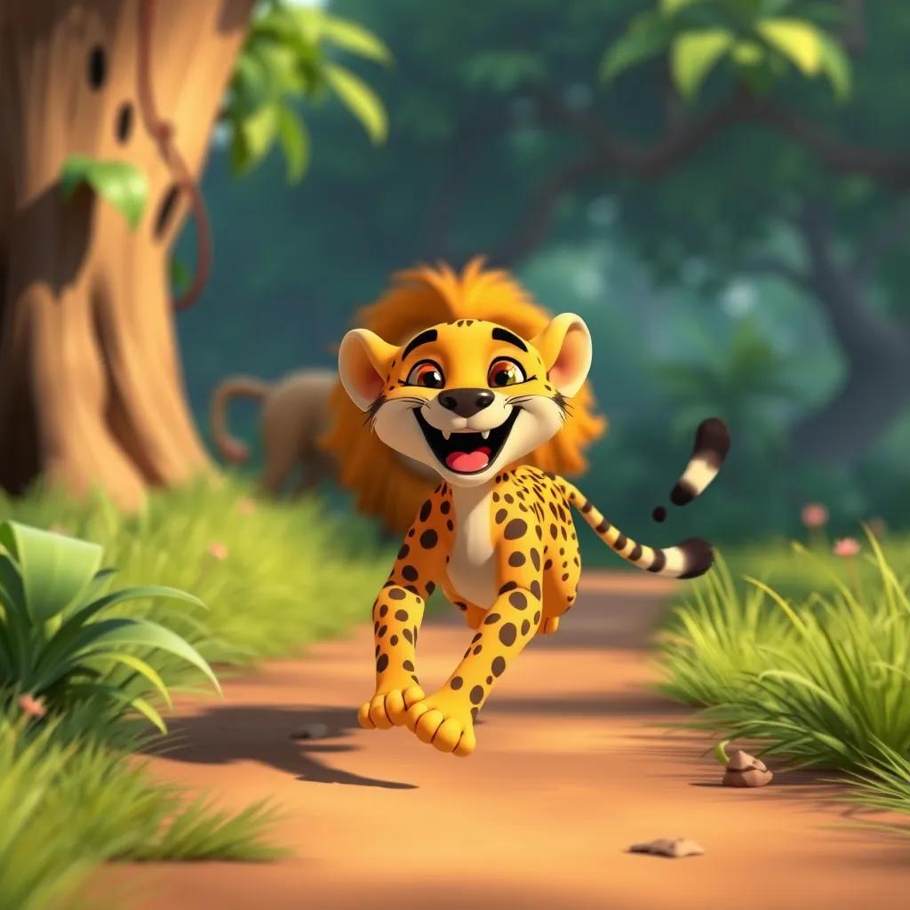 A fast cheetah with spots, running towards the lion, joyful and friendly demeanor, surrounded by lush greenery, digital art, vibrant and cheerful colors, high quality