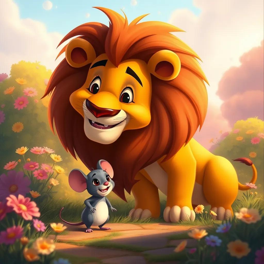 A small mouse standing beside a big lion, both smiling, in a friendly landscape with flowers and bushes, digital painting, warm and colorful, heartwarming scene, high quality