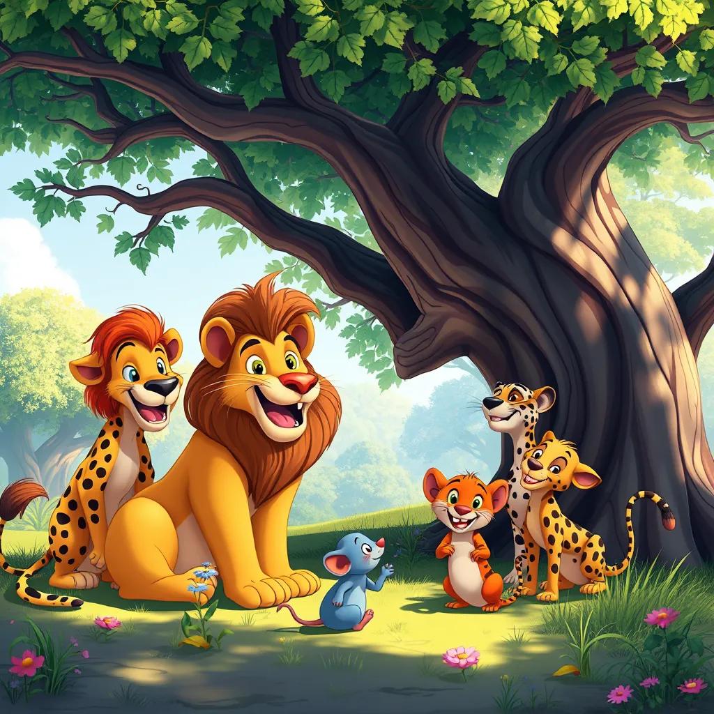 The lion with many friends: the cheetah and the mouse playing together happily under the shade of a big tree, colorful setting, joyful atmosphere, digital art, bright and happy colors, high quality
