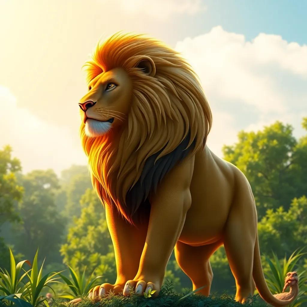 A powerful lion with a golden mane standing tall in a lush green forest, under a bright sunny sky, looking proud and regal, digital art, vibrant colors, strong and majestic atmosphere