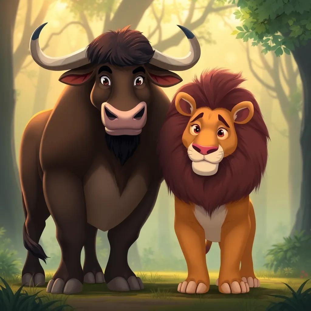 A large bull with strong muscles standing beside the lion, both animals looking friendly and united, peaceful forest background, illustration, warm and inviting, harmonious scene